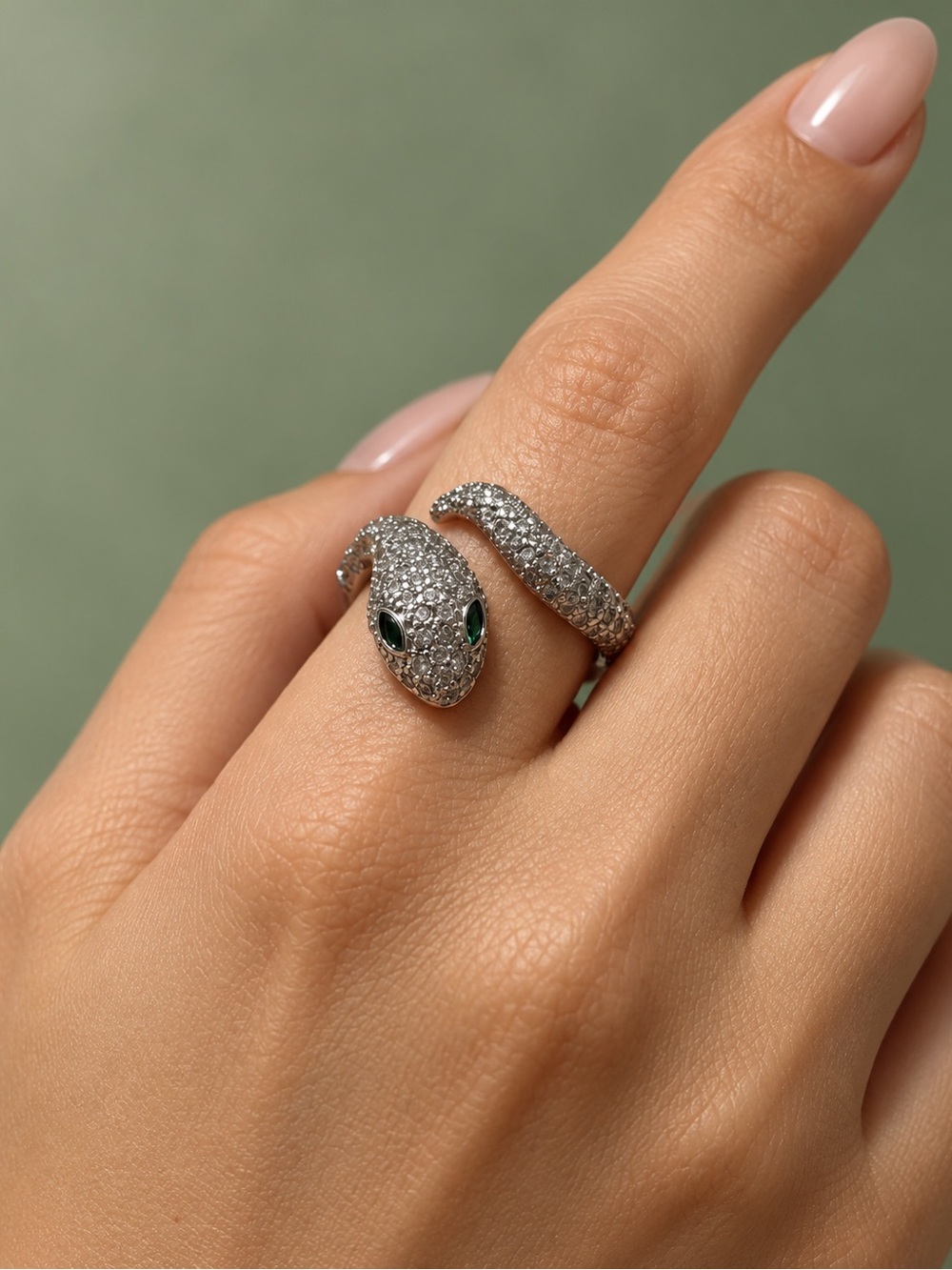 Pavé Silver Snake Wrap Ring with Green Eyes